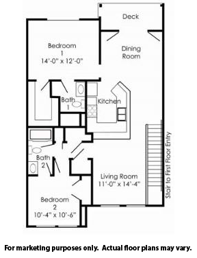 Floor plan for 2 beds, 2 baths, 1100 sqft